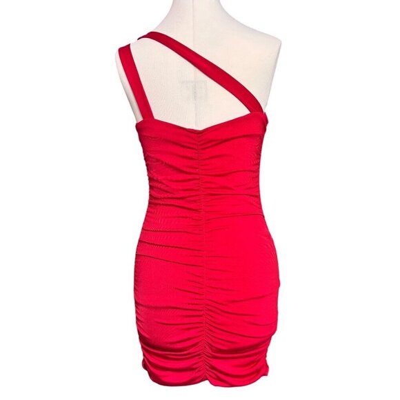 Treebarn Red One-Shoulder Ruched Bodycon Mini Dress XS Stretch Knit Sexy Party - Picture 2 of 11
